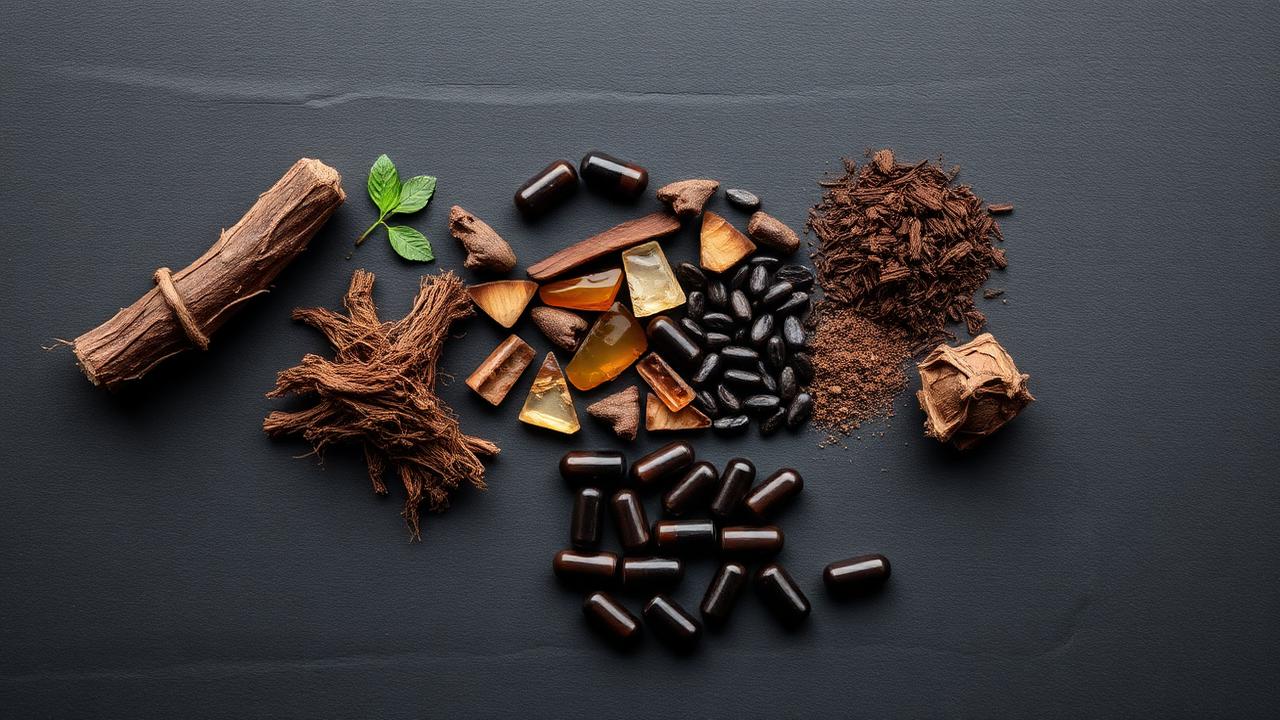 Actifs naturels masculins — maca noire, tongkat ali, shilajit, saw palmetto