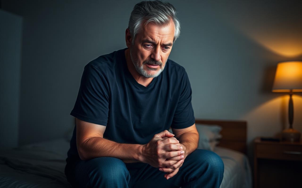 Homme mature préoccupé sur le bord du lit